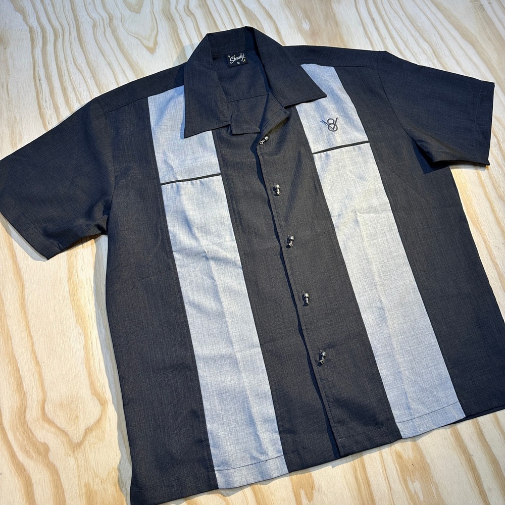 Steady Mens M Charcoal Grey Rockabilly V8 Bowling Shirt Piston Buttons